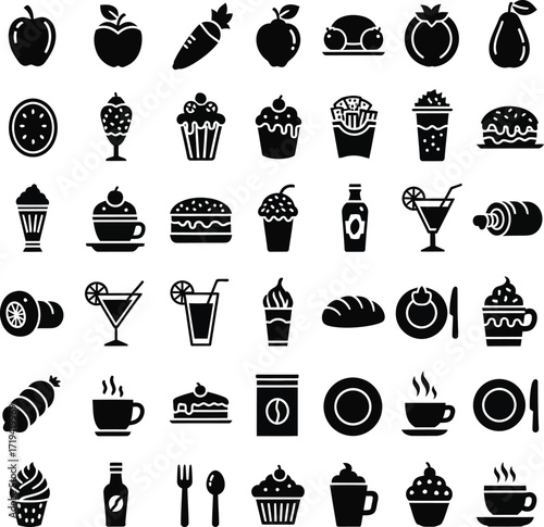 Collection of food and drink icons in silhouette style