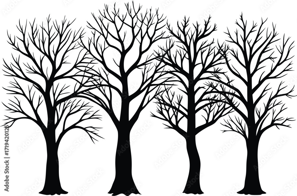 Obraz premium Four bare trees in silhouette against white winter