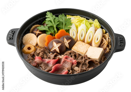 A hearty, colorful sukiyaki dish, featuring various vegetables, tofu, and beef, presented in a dark gray pot.
