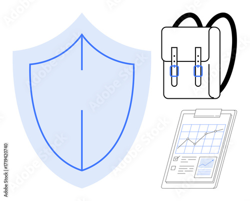 Shield icon, backpack, and clipboard with a graph, symbolizing security, education, and professional organization. Ideal for safety, learning, planning data management business growth student