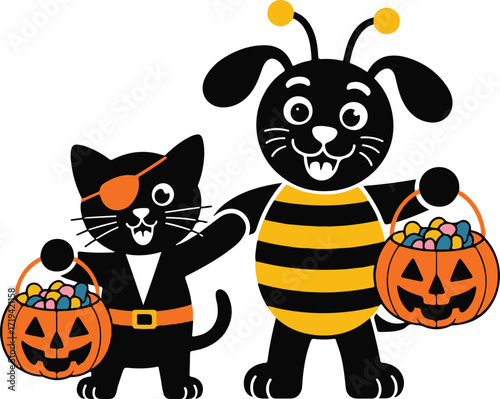 Halloween cat and dog trick or treat silhouette cute vector