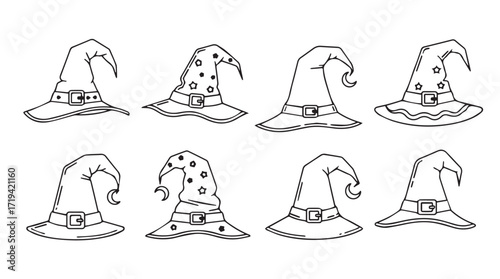 Collection of eight hand-drawn witch hats in sketch style for halloween and fantasy themes silhouette