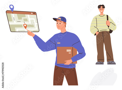 Delivery worker in cap holds package and points to digital map with location markers. Recipient stands nearby, holding bag. Ideal for logistics, navigation, delivery app, e-commerce, technology