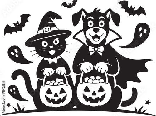 Halloween cat and dog trick or treat silhouette cute vector