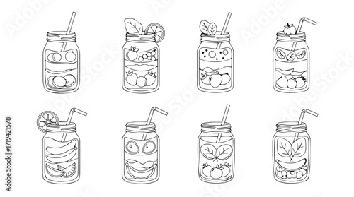 Collection of hand drawn mason jar drinks with straws and garnishes refreshing beverages silhouette