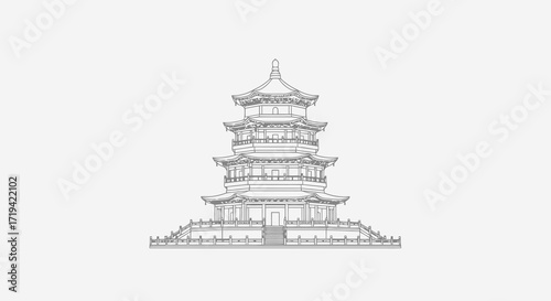 Detailed Illustration of a Traditional Chinese Pagoda on White