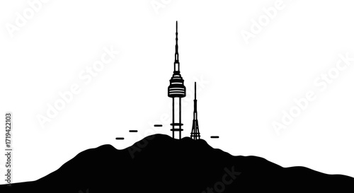 Iconic communication tower and smaller antenna on a prominent hilltop, rendered in a striking black and white minimalist silhouette