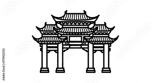 Chinese Gate Architecture Black and White Outline