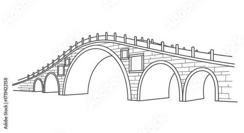 An artistic line drawing of an arched stone bridge with multiple spans, showcasing traditional architecture