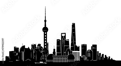 Dynamic urban skyline silhouette in black and white, featuring modern skyscrapers and architectural landmarks of a bustling metropolis