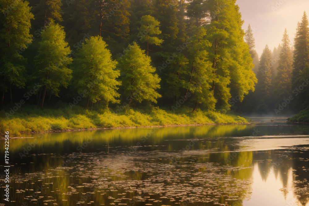 Fototapeta premium beautiful landscape of autumn forest at sunset, yellow trees and sunlight