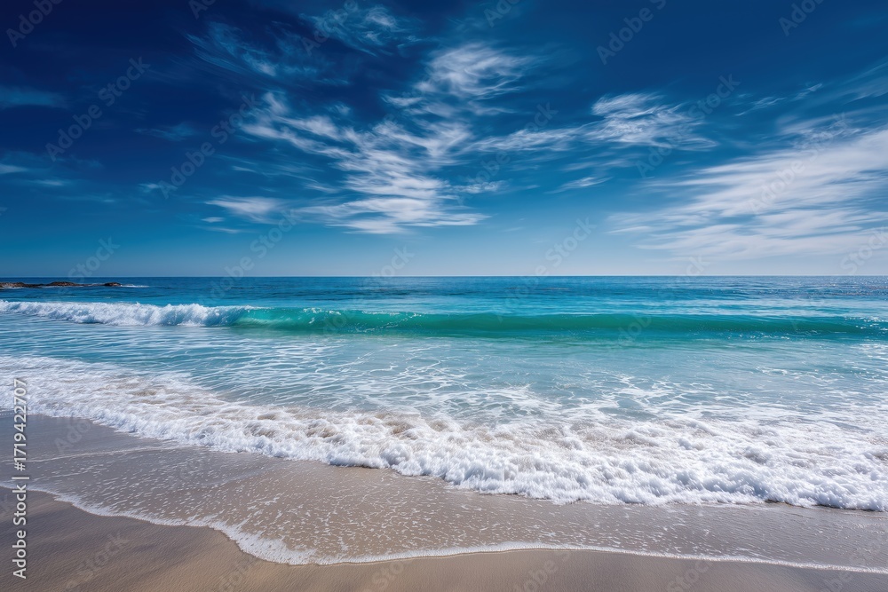 Fototapeta premium Sunny Beach with Blue Sky and Rolling Waves