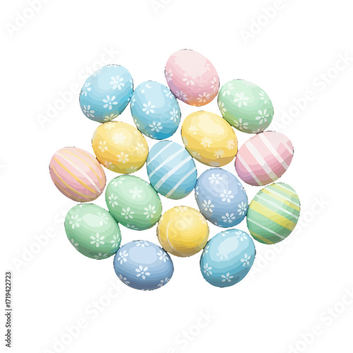 Vibrant collection of decorated Easter eggs, showcasing diverse patterns and pastel colors in a cheerful presentation.