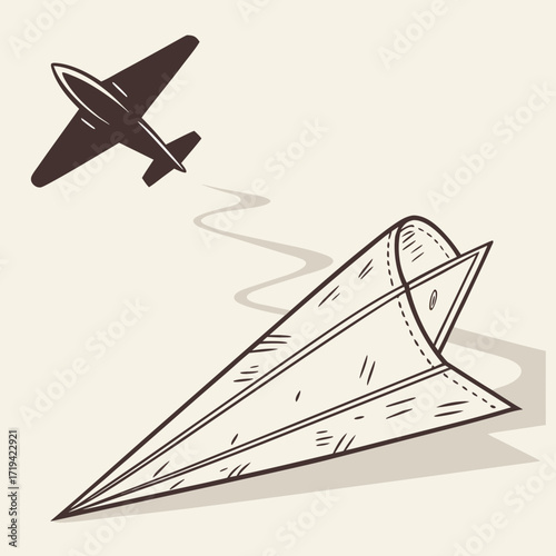 A vintage airplane flies above a hand drawn paper airplane leaving a wavy trail behind it