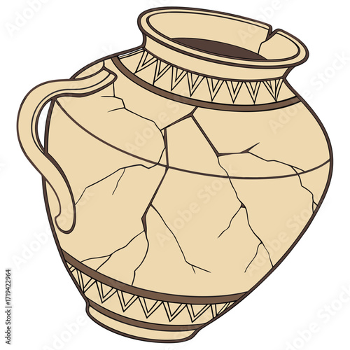 Ancient cracked beige amphora with decorative geometric patterns on a white background