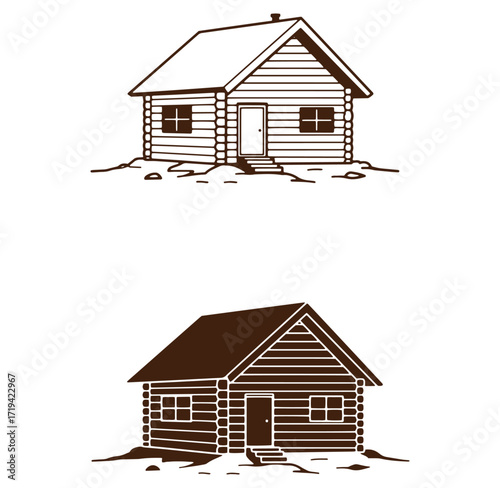 Minimalist illustration of a rustic log cabin in two different color variations isolated
