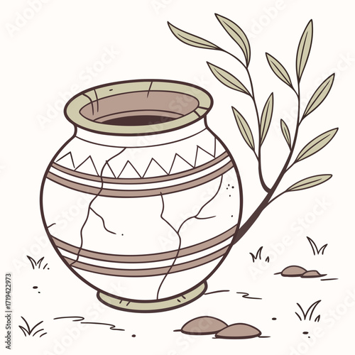 Ancient cracked pottery vase with decorative bands and a delicate branch with leaves nearby