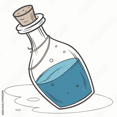 Cartoon illustration of a tilted glass bottle with cork stopper containing blue liquid and bubbles