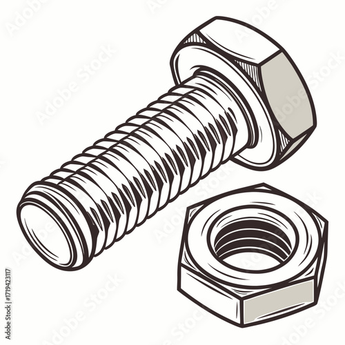 Detailed illustration of a single hex head bolt and a matching nut on a white background