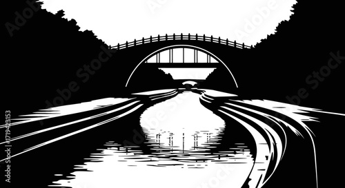 A stark black and white illustration depicting a journey forward on a curving path under an arched bridge, symbolizing movement and progress