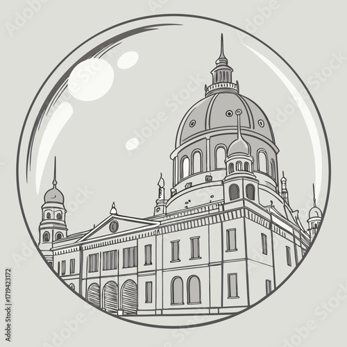 Elegant architectural drawing of a grand building with domes and spires captured inside a reflective bubble