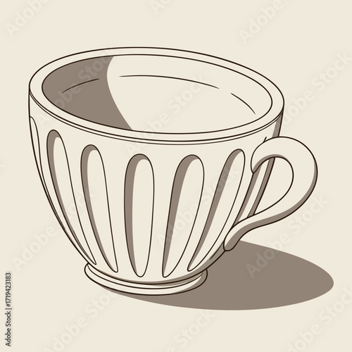 Elegant antique teacup with decorative fluting and a curved handle casting a subtle shadow