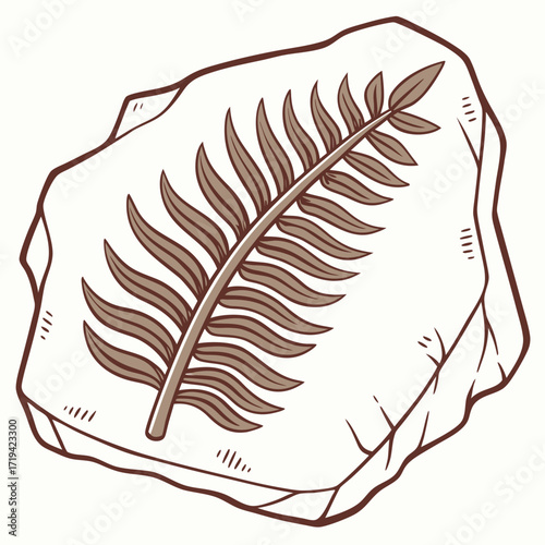 Illustration of a fossilized fern frond imprinted on a rough stone slab with a white background