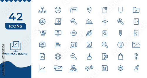 Collection of 42 minimal line art icons representing modern technology business and communication concepts