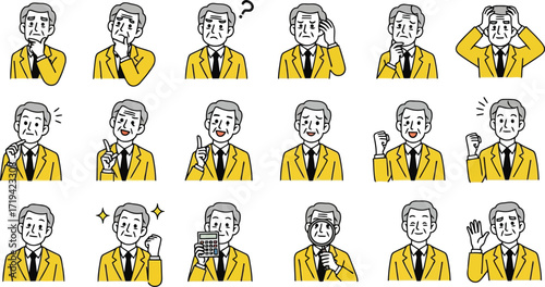 3d collection of diverse facial expressions and gestures of an elderly businessman in a suit