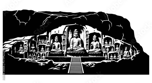 Ancient Buddhist Cave Temple Art with Multiple Serene Buddha Statues - Historic Religious Illustration