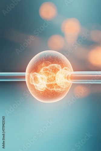 Cellular micro injection process in advanced biological research with glowing internal structures and soft background lights.