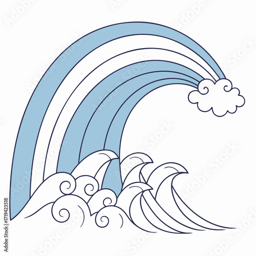 Stylized blue rainbow arching over crashing ocean waves and a fluffy cloud
