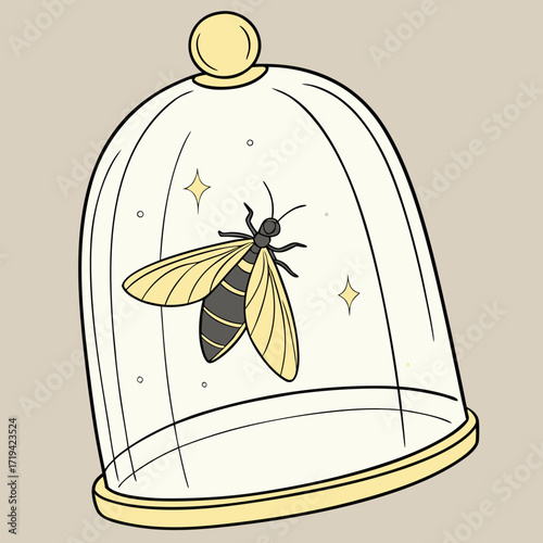 Stylized illustration of a bee trapped inside a glass bell jar with sparkling stars and dots