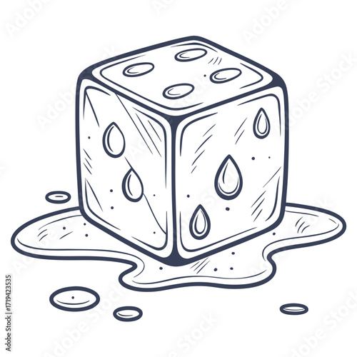 Stylized hand drawn illustration of a melting ice cube shaped like a die with water droplets and puddles
