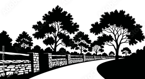 Scenic Road with Stone Wall and Trees Illustration