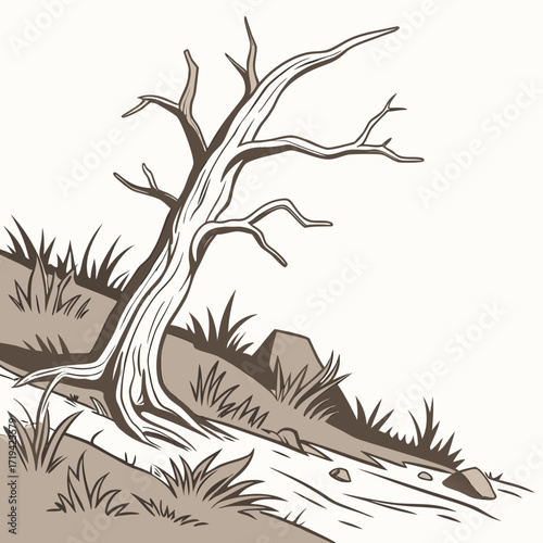 Stylized illustration of a solitary bare tree on a rocky grassy slope with a winding stream