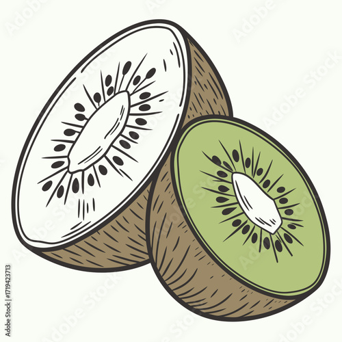Two halves of a kiwi fruit one colored green and the other in black and white line art