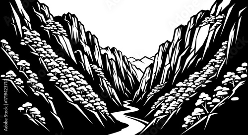 Dramatic Black and White Illustration of a River Winding Through a Steep Mountain Canyon with Forested Slopes