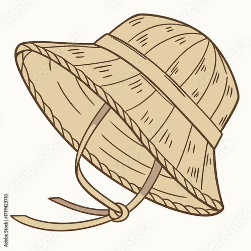 Traditional asian conical straw hat with chin strap hand drawn illustration on a white background