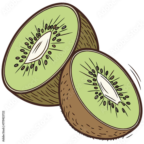 Two halves of a ripe kiwi fruit with visible seeds and fuzzy brown skin isolated on white background