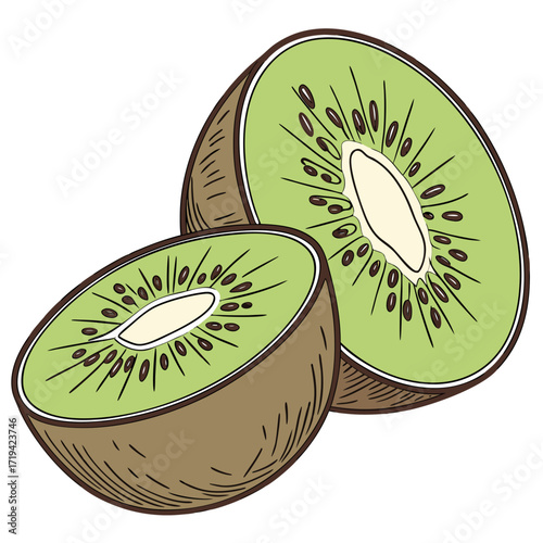 Two halves of a ripe kiwi fruit with brown fuzzy skin and vibrant green flesh showing small black seeds