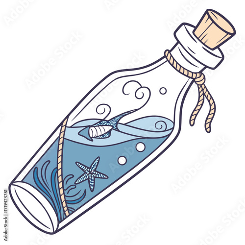 Whimsical illustration of a message in a bottle containing a sailing ship and a starfish