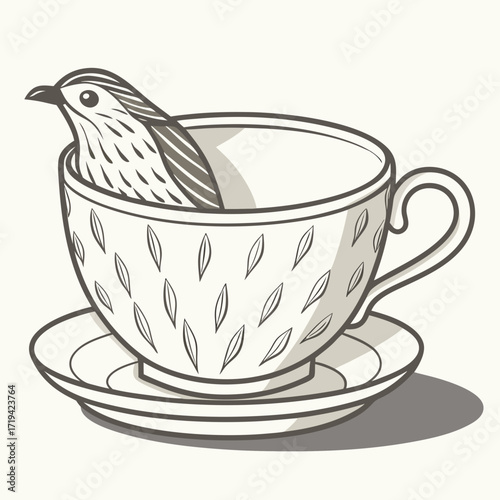 Whimsical illustration of a small bird perched inside a decorative teacup on a matching saucer