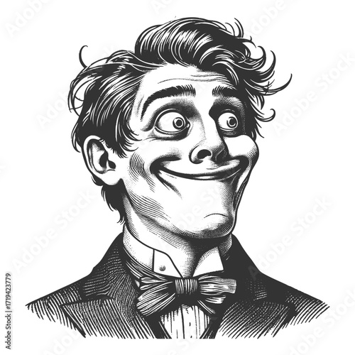 quirky man in a bow tie and suit, grinning with exaggerated expression and playful humor sketch engraving generative ai fictional character vector illustration. Scratch board. Black and white image.