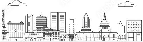 Black and white cityscape illustration, domed capitol building, modern skyscrapers, classical spires, urban architecture blend, panoramic skyline, decorative cloud elements