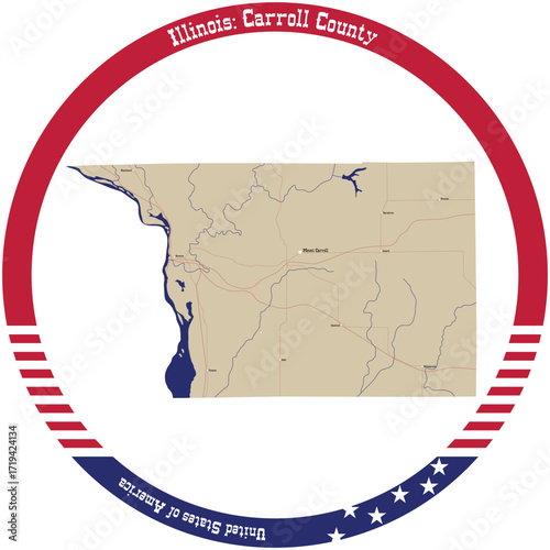 Map of Carroll County in Illinois, USA arranged in a circle.