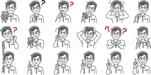 3d a collection of handdrawn illustrations of a man in various poses and expressing different emotions