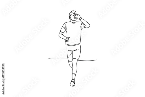 Continues line of a male runner drinking water during training, Single line drawing vector graphic design illustration