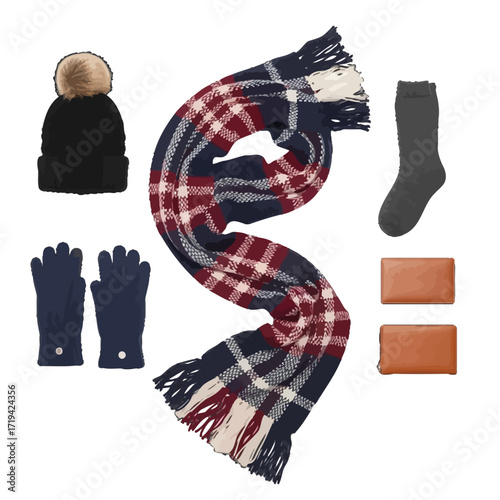A curated selection of winter essentials is artfully arranged, comprising a warm scarf, beanie, gloves, socks, and wallets, perfect for the cold season.