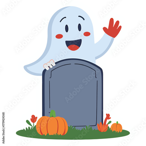 A playful ghost peeking from behind a gravestone, waving happily | halloween pumpkin and ghost | halloween pumpkin with a blank | funny cartoon ghost | ghost | halloween ghost cartoon | funny cartoon